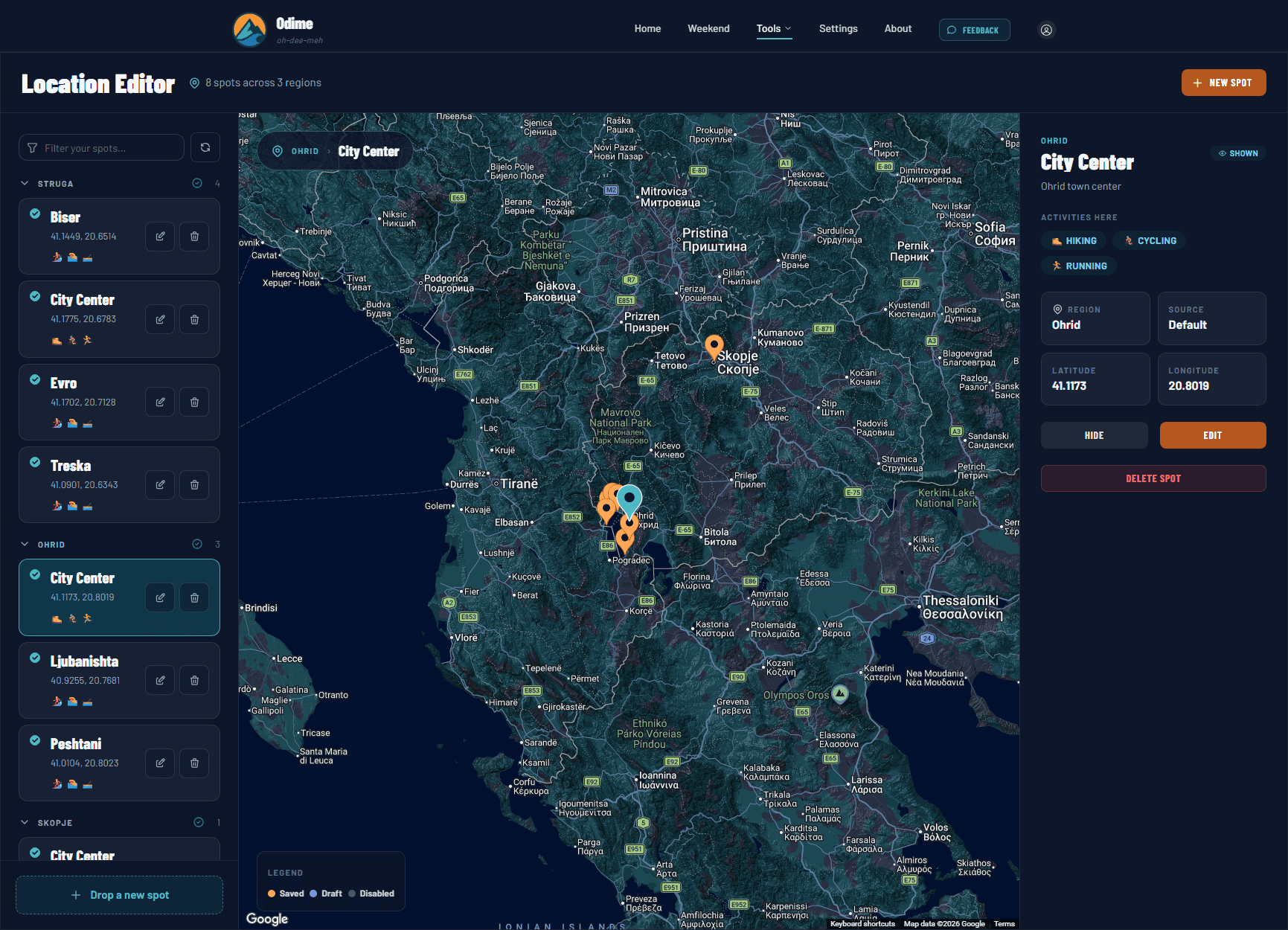 Odime location editor showing a map with custom location pins